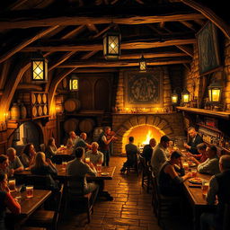 A cozy and welcoming medieval tavern interior, with rustic wooden beams and stone walls illuminated by the warm glow of candlelight and a crackling hearth