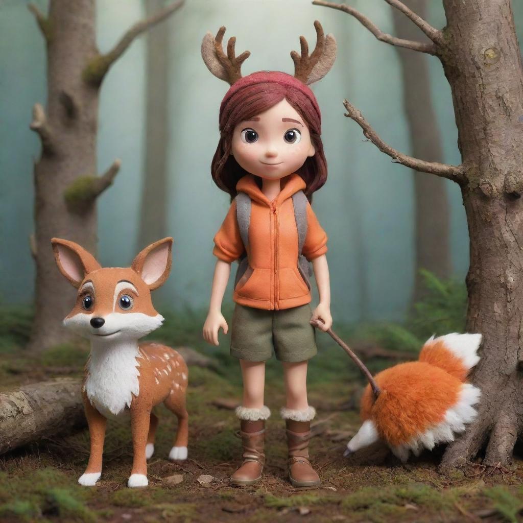 Create a charming and vivid image of Hilda, the adventurous young girl from the animated series 'Hilda'. Capture her adventurous spirit and love for exploring the wilderness, with her pet deer-fox Twig by her side.