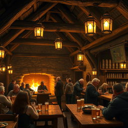 A cozy and welcoming medieval tavern interior, with rustic wooden beams and stone walls illuminated by the warm glow of candlelight and a crackling hearth