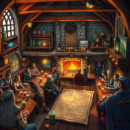 A vibrant and bustling Dungeons & Dragons-style tavern, filled with adventurers of various races and classes