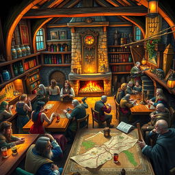 A vibrant and bustling Dungeons & Dragons-style tavern, filled with adventurers of various races and classes