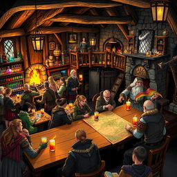 A vibrant and bustling Dungeons & Dragons-style tavern, filled with adventurers of various races and classes