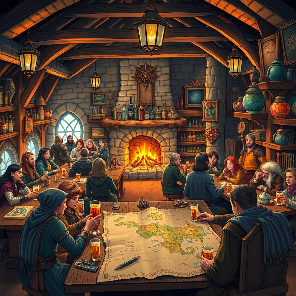 A vibrant and bustling Dungeons & Dragons-style tavern, filled with adventurers of various races and classes