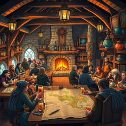 A vibrant and bustling Dungeons & Dragons-style tavern, filled with adventurers of various races and classes