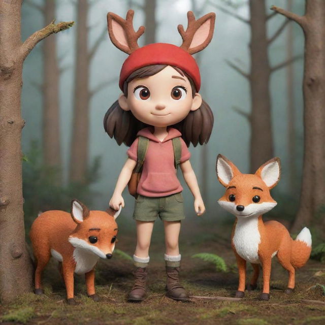 Create a charming and vivid image of Hilda, the adventurous young girl from the animated series 'Hilda'. Capture her adventurous spirit and love for exploring the wilderness, with her pet deer-fox Twig by her side.