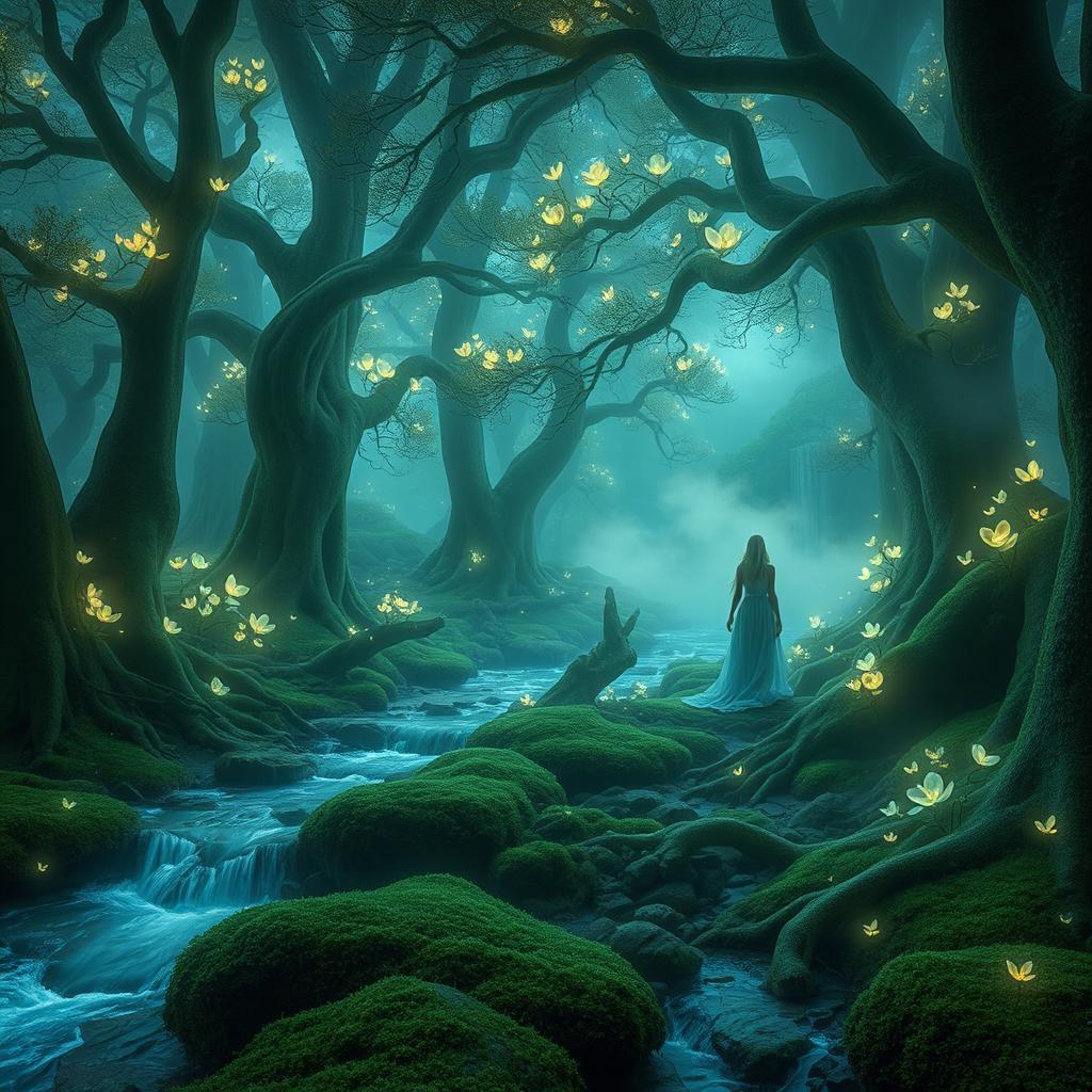 A magical forest with towering, ancient trees whose branches are adorned with glowing, bioluminescent flowers