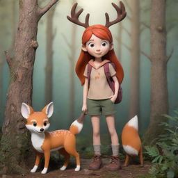 Create a charming and vivid image of Hilda, the adventurous young girl from the animated series 'Hilda'. Capture her adventurous spirit and love for exploring the wilderness, with her pet deer-fox Twig by her side.