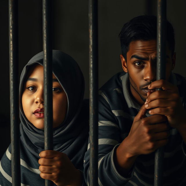 A fat, dark-skinned woman wearing a Hijab, and a tall, thin-bodied, brown young man, both dressed as prisoners