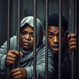 A fat, dark-skinned woman wearing a Hijab, and a tall, thin-bodied, brown young man, both dressed as prisoners