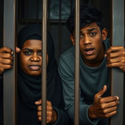 A fat, dark-skinned woman wearing a Hijab, and a tall, thin-bodied, brown young man, both dressed as prisoners