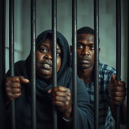 A fat, dark-skinned woman wearing a Hijab, and a tall, thin-bodied, brown young man, both dressed as prisoners