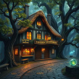 An enchanting Dungeons & Dragons-style tavern exterior nestled in a magical forest