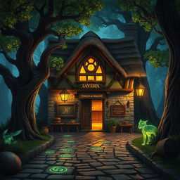 An enchanting Dungeons & Dragons-style tavern exterior nestled in a magical forest