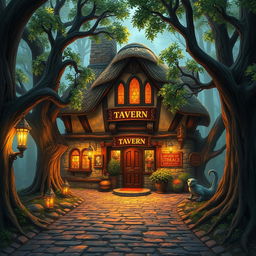 An enchanting Dungeons & Dragons-style tavern exterior nestled in a magical forest