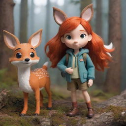 Create a charming and vivid image of Hilda, the adventurous young girl from the animated series 'Hilda'. Capture her adventurous spirit and love for exploring the wilderness, with her pet deer-fox Twig by her side.