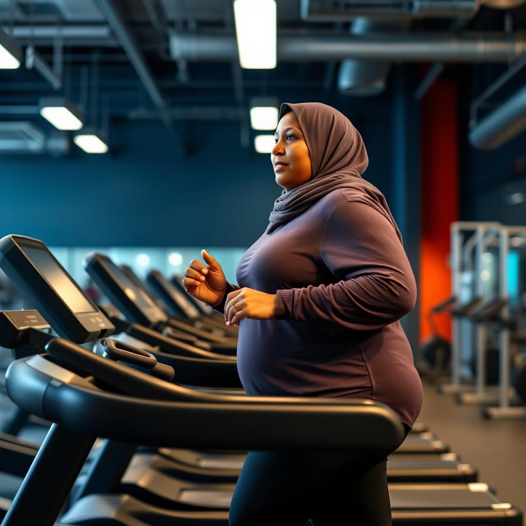 A fat, dark-skinned woman wearing a Hijab, running energetically on a treadmill in a gym