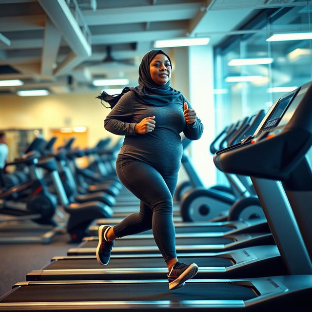 A fat, dark-skinned woman wearing a Hijab, running energetically on a treadmill in a gym