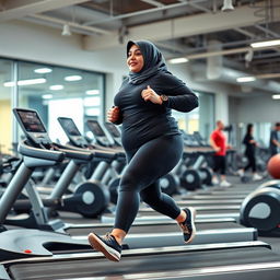 A fat, dark-skinned woman wearing a Hijab, running energetically on a treadmill in a gym