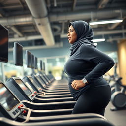 A fat, dark-skinned woman wearing a Hijab, running energetically on a treadmill in a gym