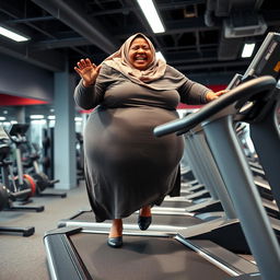 A very fat, dark-skinned woman wearing a Hijab loses her balance and begins to fall off a treadmill in a gym