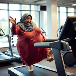 A very fat, dark-skinned woman wearing a Hijab loses her balance and begins to fall off a treadmill in a gym