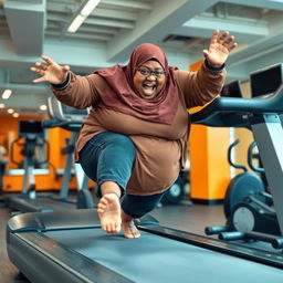 A very fat, dark-skinned woman wearing a Hijab loses her balance and begins to fall off a treadmill in a gym