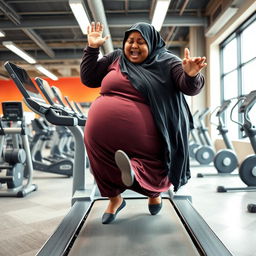 A very fat, dark-skinned woman wearing a Hijab loses her balance and begins to fall off a treadmill in a gym