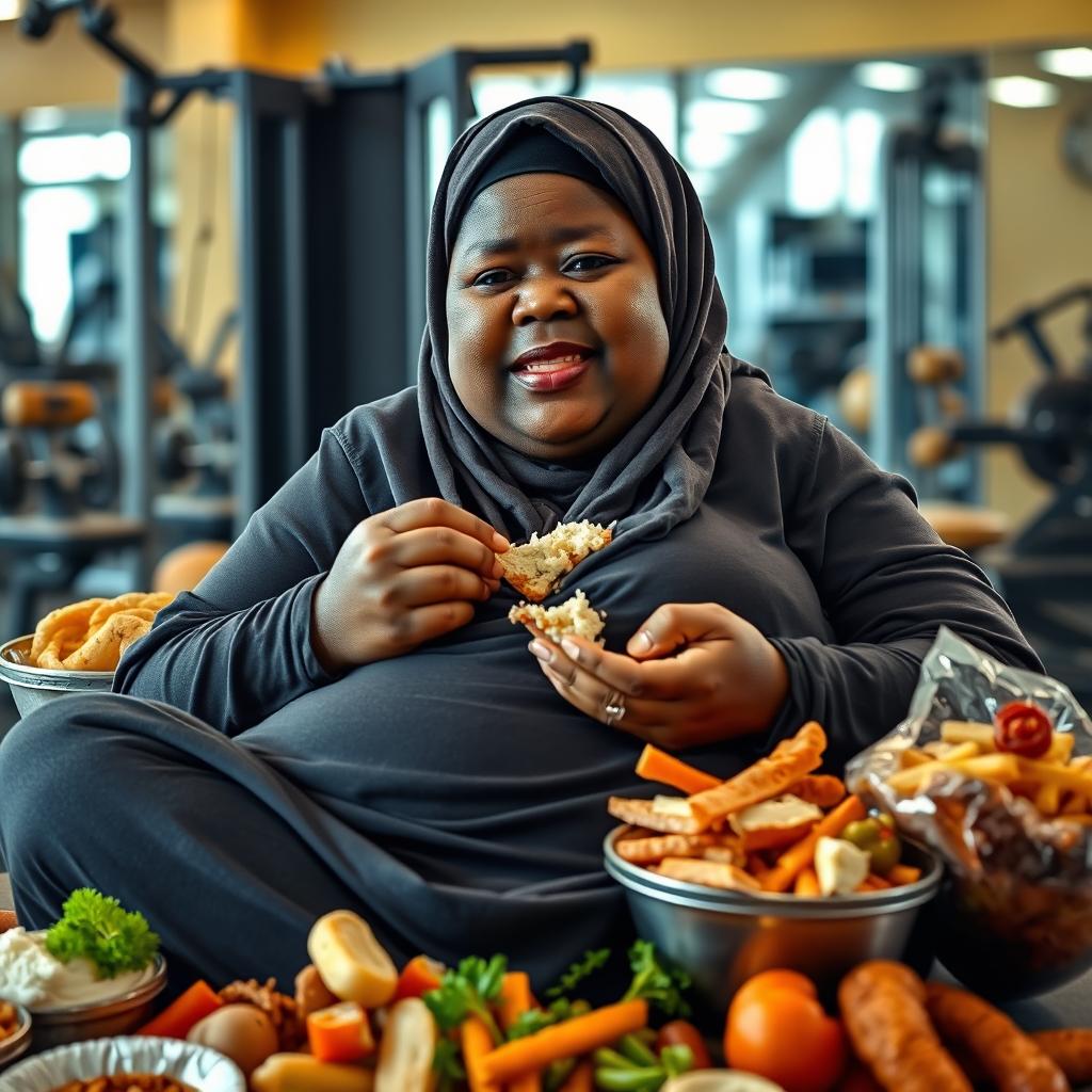 A very fat, dark-skinned woman wearing a Hijab is sitting amidst a large amount of food in a gym setting