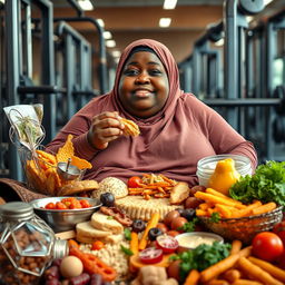 A very fat, dark-skinned woman wearing a Hijab is sitting amidst a large amount of food in a gym setting