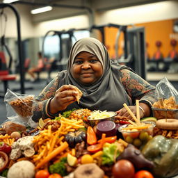 A very fat, dark-skinned woman wearing a Hijab is sitting amidst a large amount of food in a gym setting