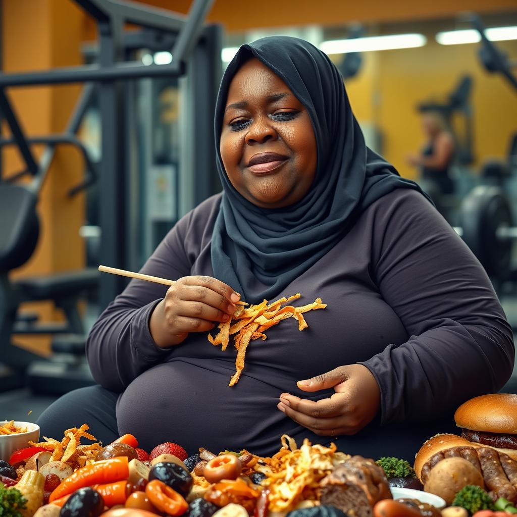 A very fat, dark-skinned woman wearing a Hijab is sitting amidst a large amount of food in a gym setting