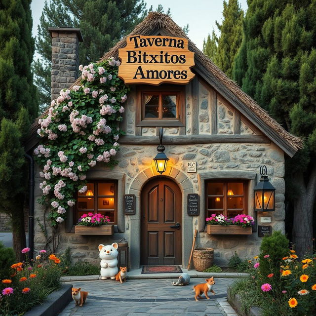 A quaint and charming tavern exterior with a whimsical wooden sign reading "Taverna Bitxitos Amores" hanging above the entrance