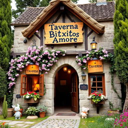 A quaint and charming tavern exterior with a whimsical wooden sign reading "Taverna Bitxitos Amores" hanging above the entrance