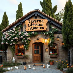 A quaint and charming tavern exterior with a whimsical wooden sign reading "Taverna Bitxitos Amores" hanging above the entrance