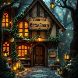 A mystical Dungeons & Dragons-style tavern exterior with a charming sign reading "Taverna Bitxitos Amores" hanging above the entrance