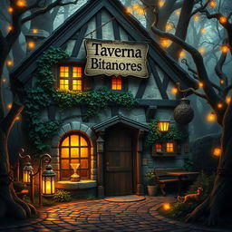 A mystical Dungeons & Dragons-style tavern exterior with a charming sign reading "Taverna Bitxitos Amores" hanging above the entrance