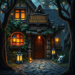 A mystical Dungeons & Dragons-style tavern exterior with a charming sign reading "Taverna Bitxitos Amores" hanging above the entrance