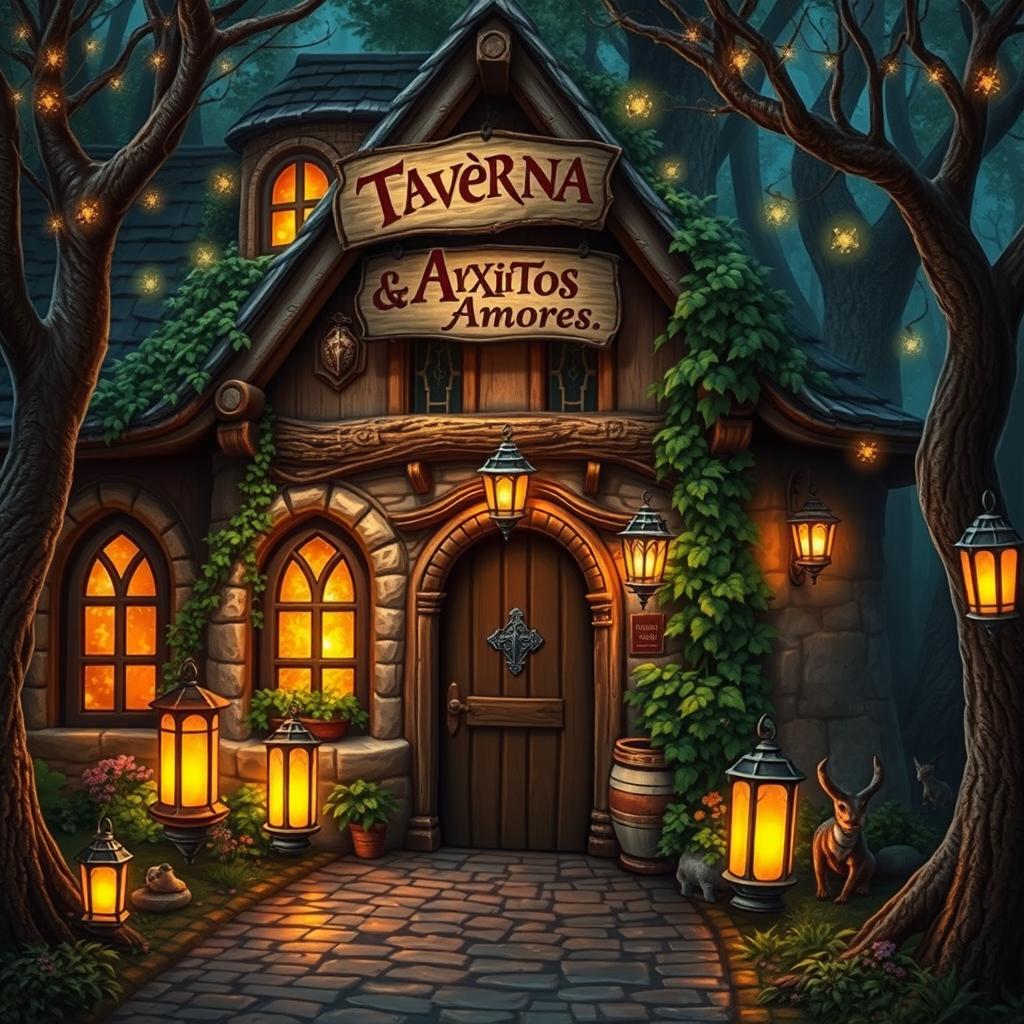 A mystical Dungeons & Dragons-style tavern exterior with a charming sign reading "Taverna Bitxitos Amores" hanging above the entrance