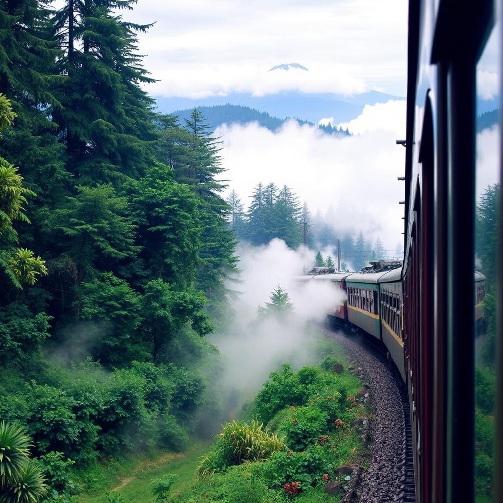 A picturesque train journey winding through the lush green forests and misty clouds of Darjeeling