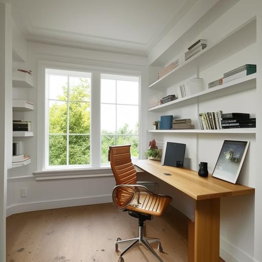 A modernly designed, well-lit home office with white walls. It has a spacious wooden desk, comfortable chair, shelves filled with books, and a large window with a great outdoor view.