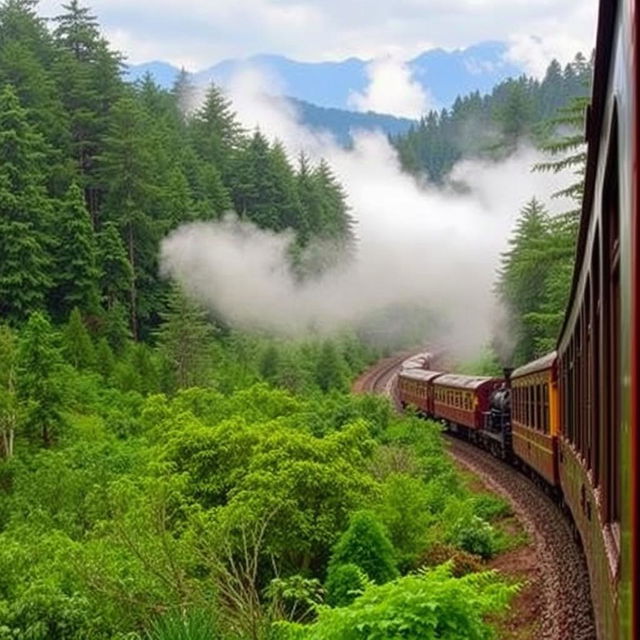 A picturesque train journey winding through the lush green forests and misty clouds of Darjeeling