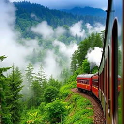 A picturesque train journey winding through the lush green forests and misty clouds of Darjeeling