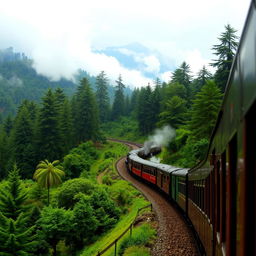 A picturesque train journey winding through the lush green forests and misty clouds of Darjeeling