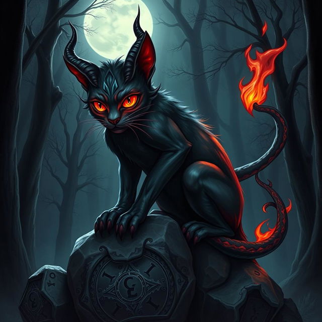 A mystical, Dungeons & Dragons-inspired demon cat, depicted with strikingly detailed features