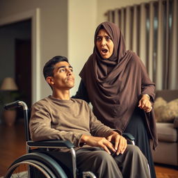 A young man with a long face and brown skin, seated in a wheelchair, exuding a calm demeanor despite his paralysis