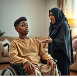 A young man with a long face and brown skin, seated in a wheelchair, exuding a calm demeanor despite his paralysis