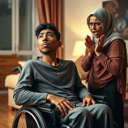 A young man with a long face and brown skin, seated in a wheelchair, exuding a calm demeanor despite his paralysis