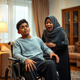 A young man with a long face and brown skin, seated in a wheelchair, exuding a calm demeanor despite his paralysis