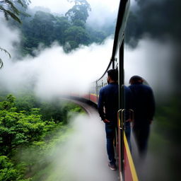 A train navigating through a lush forest in Darjeeling, surrounded by misty clouds enveloping the landscape in a mystical atmosphere