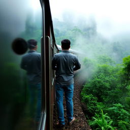 A train navigating through a lush forest in Darjeeling, surrounded by misty clouds enveloping the landscape in a mystical atmosphere